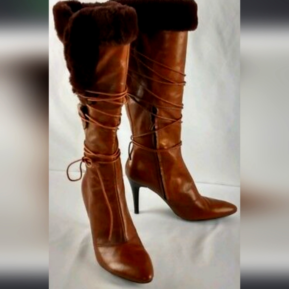 Nine West NW Jaydon Brown Leather Boot with Rabbit Fur
